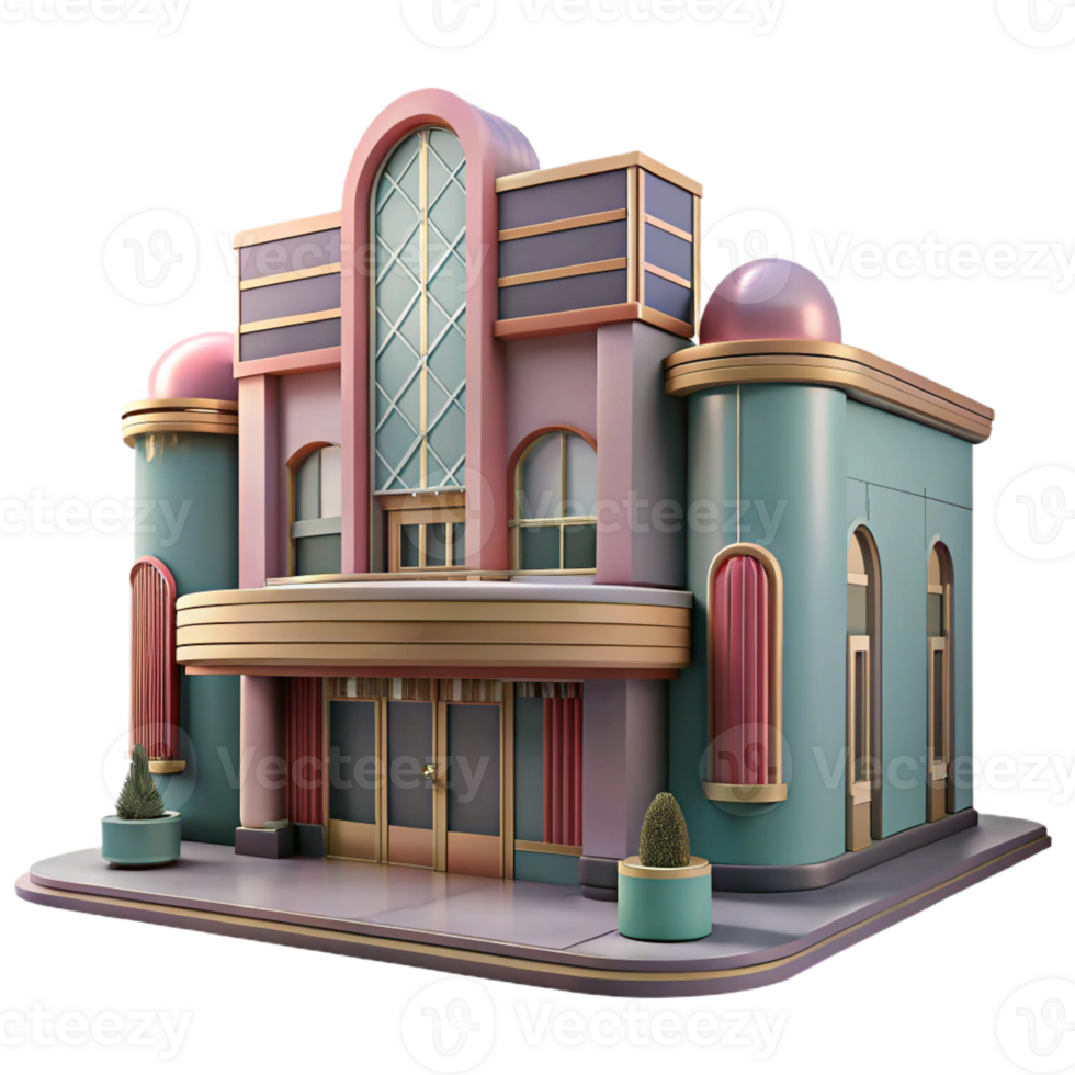 stunning rustic A decaying Art Deco cinema, faded glamour, haunting atmosphere, muted colors original png