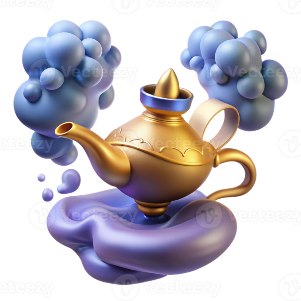 elegant minimalist A powerful djinn emerging from a magic lamp, surrounded by swirling smoke. Islamic art style high resolution png