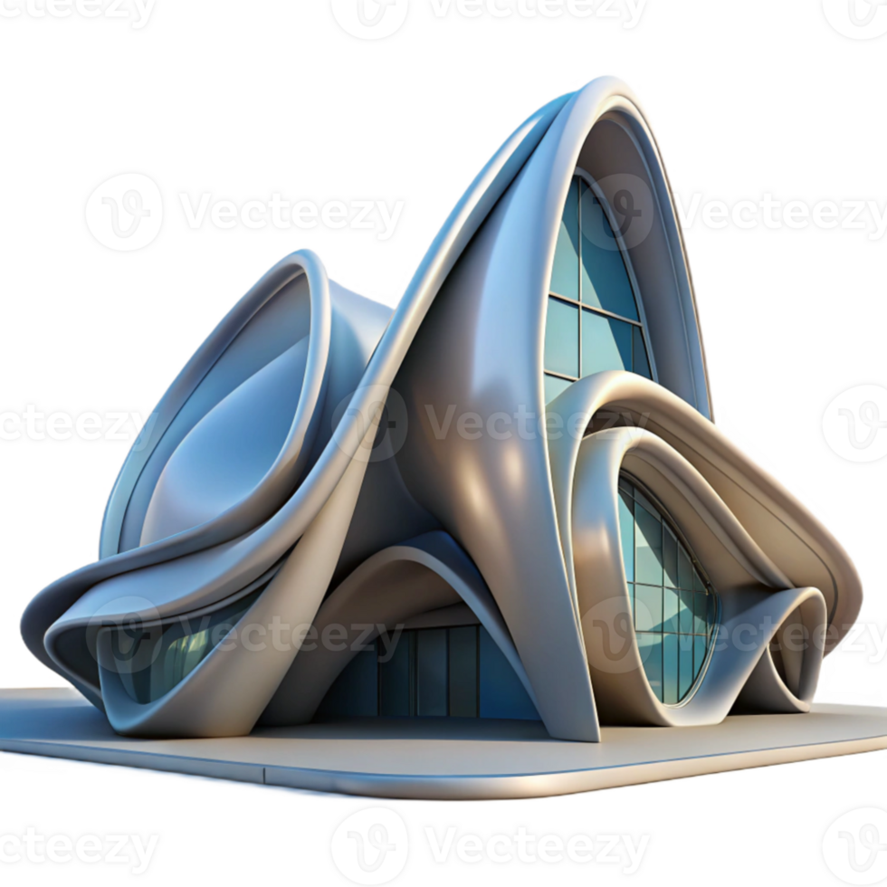 elegant traditional Zaha Hadid inspired building, fluid forms, parametric design, dramatic lighting, futuristic style authentic png