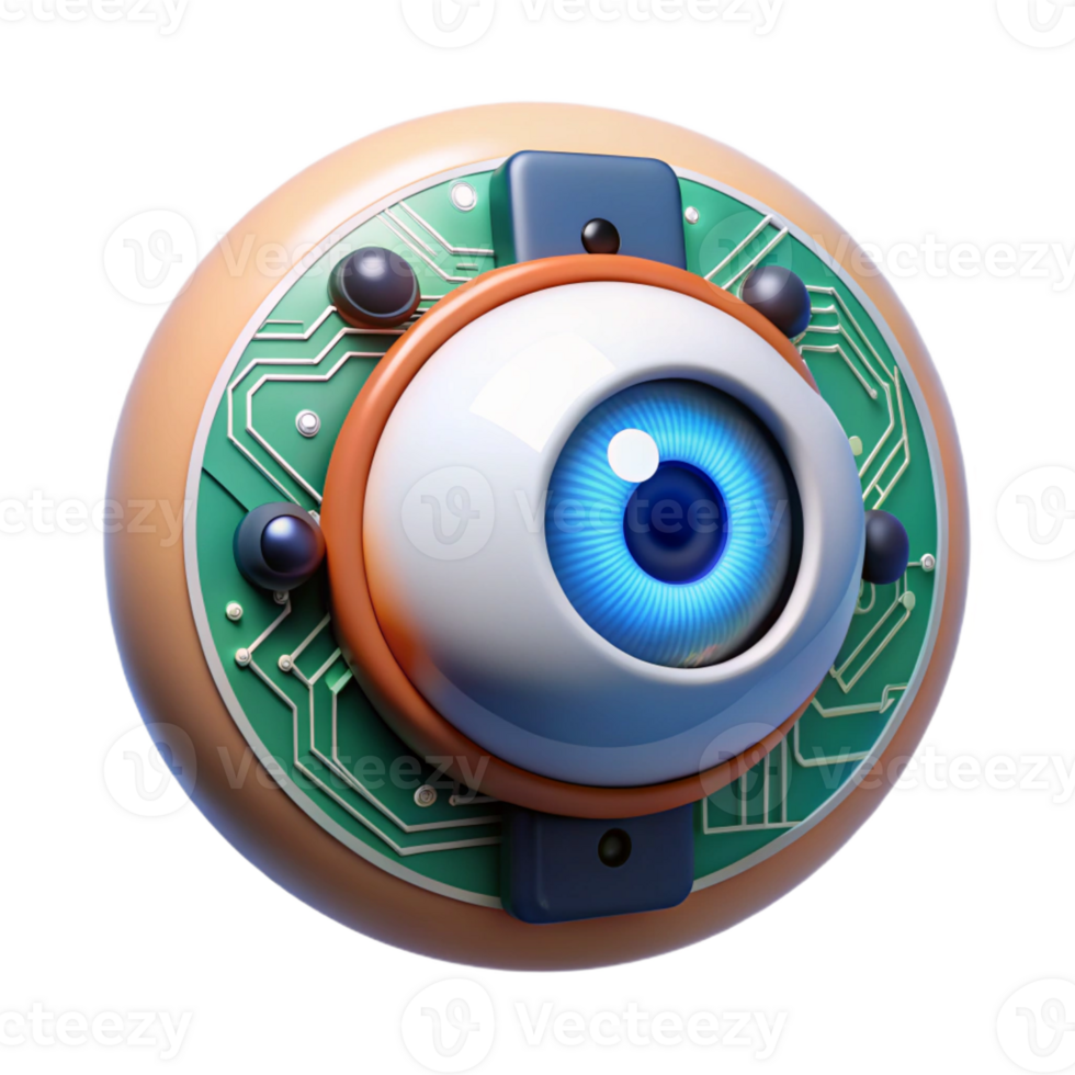 extraordinary modern A bionic eye zoomed in on a circuit board, detailed textures, realistic lighting, cyberpunk aesthetic authentic png