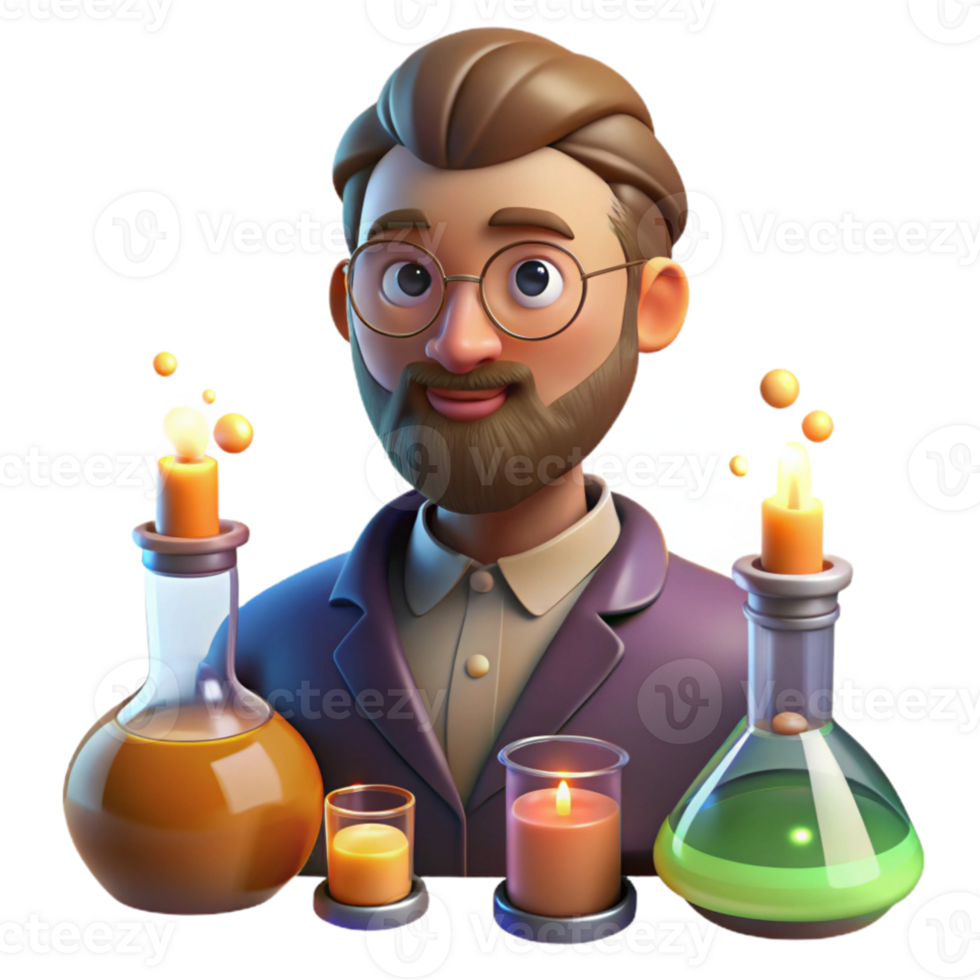 serene minimalist Portrait of a curious alchemist with vials, beakers, and strange ingredients surrounding them. Warm, flickering candlelight high quality png