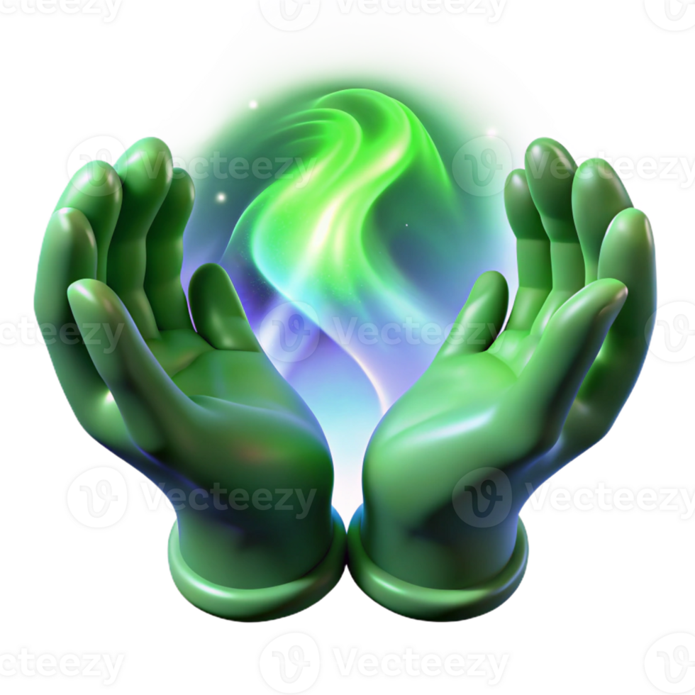 extraordinary minimalist A pair of spectral hands weaving a tapestry of emerald green energy, illuminated by a celestial aurora borealis, in a ethereal art style premium png