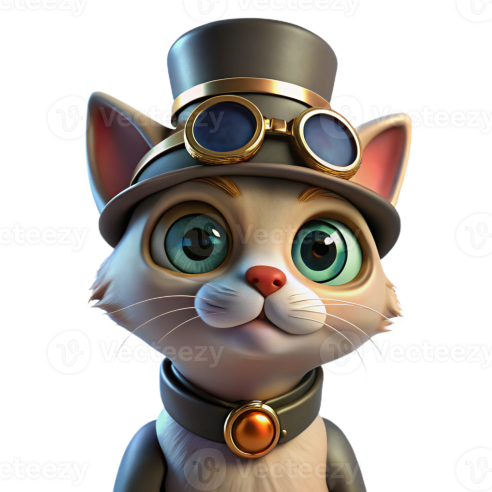 impressive creative A steampunk cat wearing a tiny top hat and goggles. Soft, studio lighting. Pet portrait style 4K png