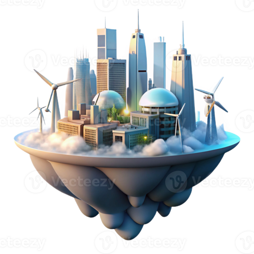 magnificent modern A futuristic city floating amongst clouds, powered by wind turbines and solar panels, lit by the warm glow of the morning sun. Science fiction style high resolution png