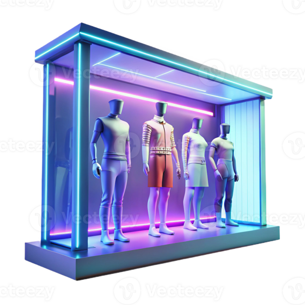 extraordinary rustic A brightly lit storefront window displaying mannequins in futuristic clothing. Cyberpunk style, neon lighting premium png