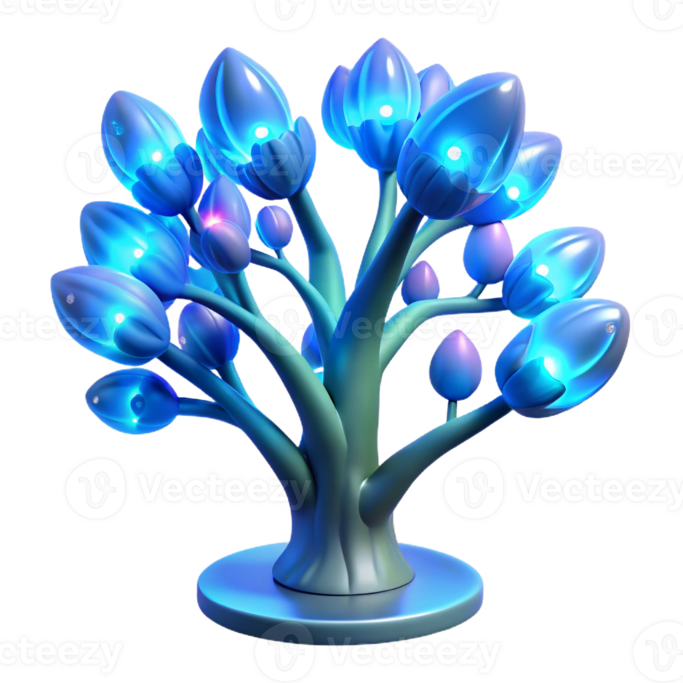wonderful rustic A bioluminescent tree with glowing branches and pulsating leaves, surrounded by strange, glowing flora, illuminated by a soft blue light in a surreal style 4K png