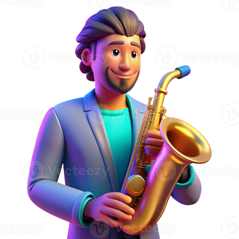 elegant vintage Portrait of a charismatic musician with a saxophone, lit by colorful stage lighting, in a pop art style 4K png