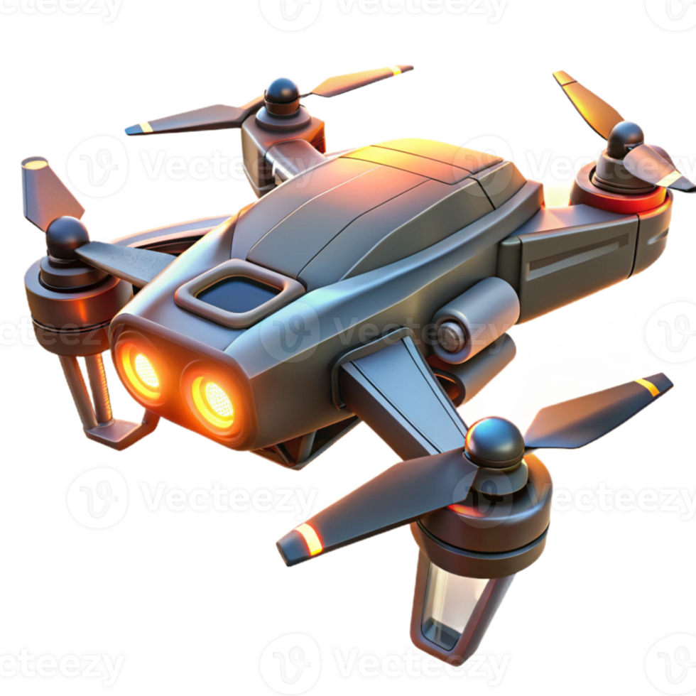 vibrant creative A futuristic drone with sleek, aerodynamic lines, equipped with glowing laser cannons, illuminated by the warm light of a setting sun. Photorealistic style high quality png
