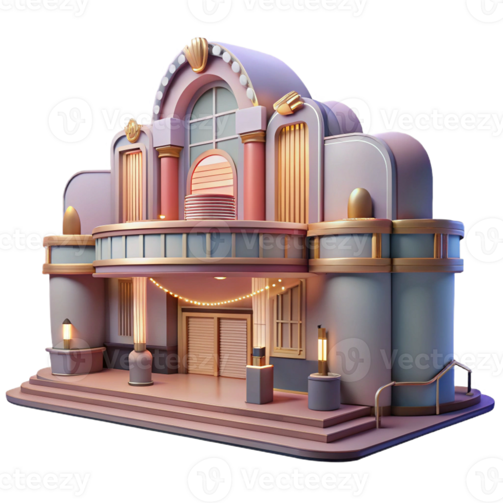 dramatic contemporary A decaying Art Deco cinema, faded glamour, haunting atmosphere, muted colors detailed png