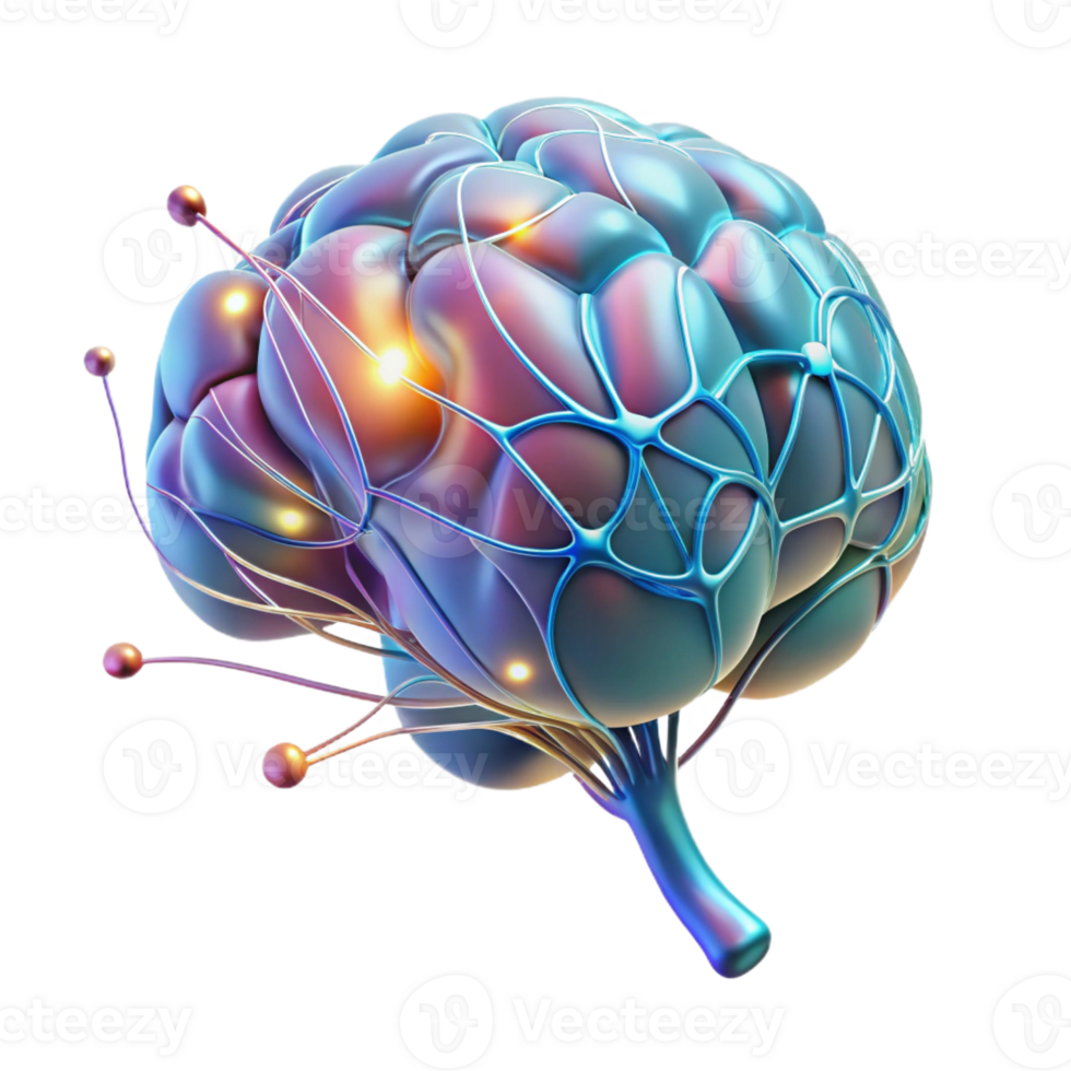 serene contemporary A holographic projection of a human brain, neural pathways firing as electrical impulses, in a dark, abstract void original png