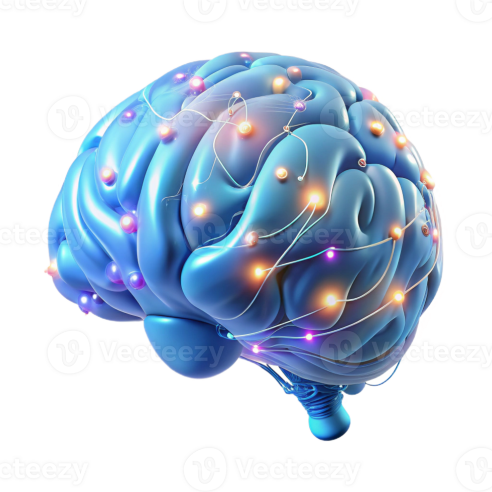 impressive contemporary A holographic projection of a human brain, neural pathways glowing and pulsating, dark background with blue and purple hues, medical illustration style high resolution png