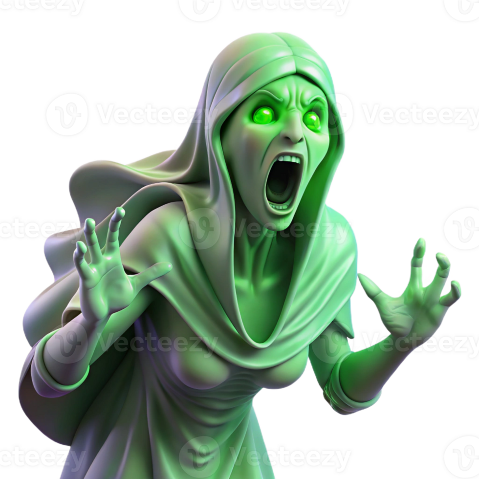 beautiful traditional A sorrowful banshee, wailing in the wind, her translucent form glowing with an eerie green light. Spooky, ethereal lighting. Horror style authentic png
