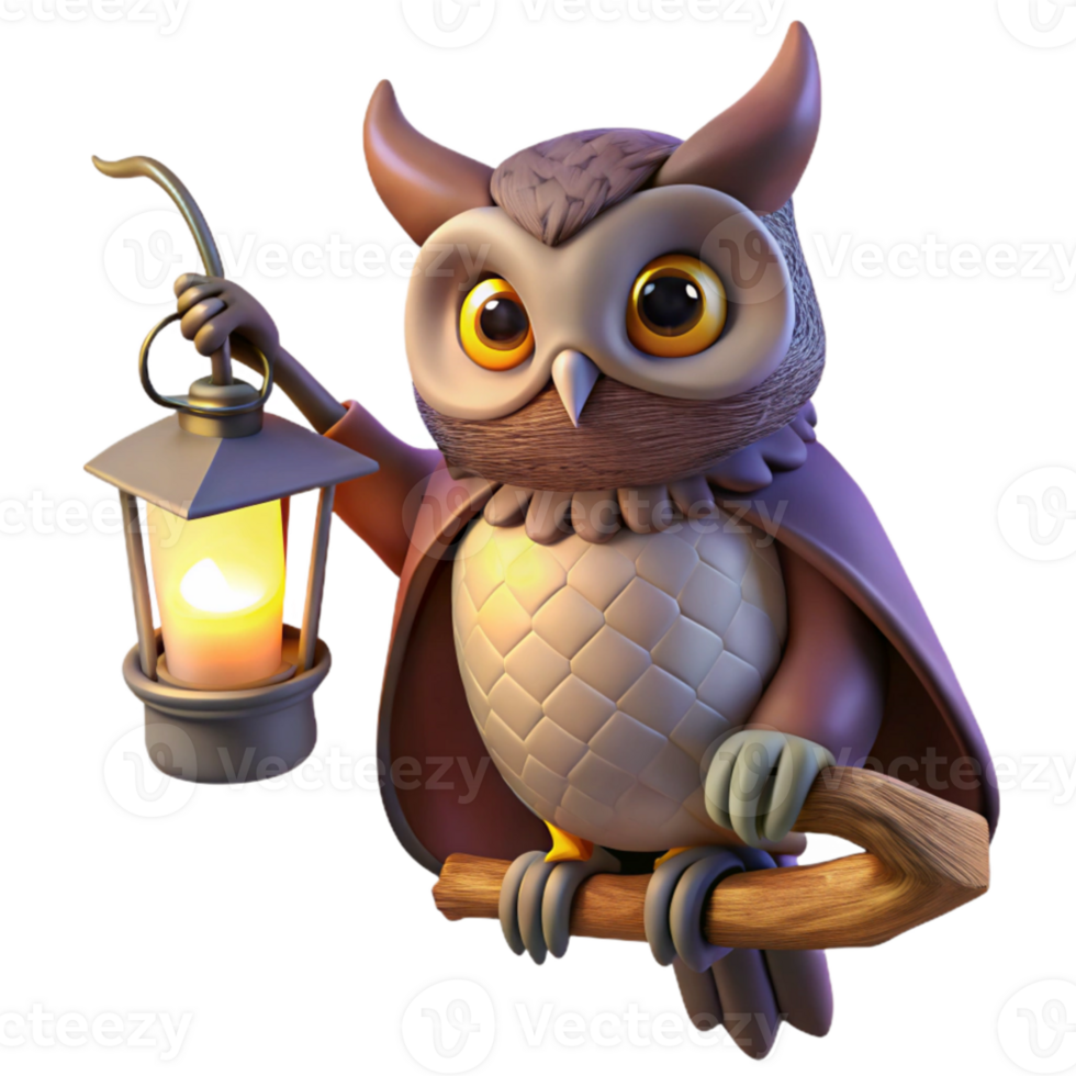 stunning creative A wise old owl perched on a branch, holding a scroll, lit by the soft glow of a lantern hanging from the tree. Mystical fantasy, storybook style genuine png