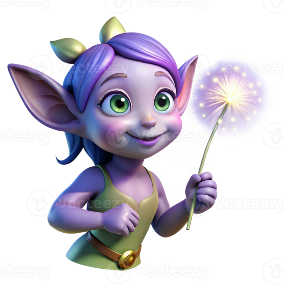stunning minimalist A mischievous pixie with glowing lavender eyes, holding a dandelion seedhead, lit by fireflies in a twilight forest. Digital painting style high resolution png