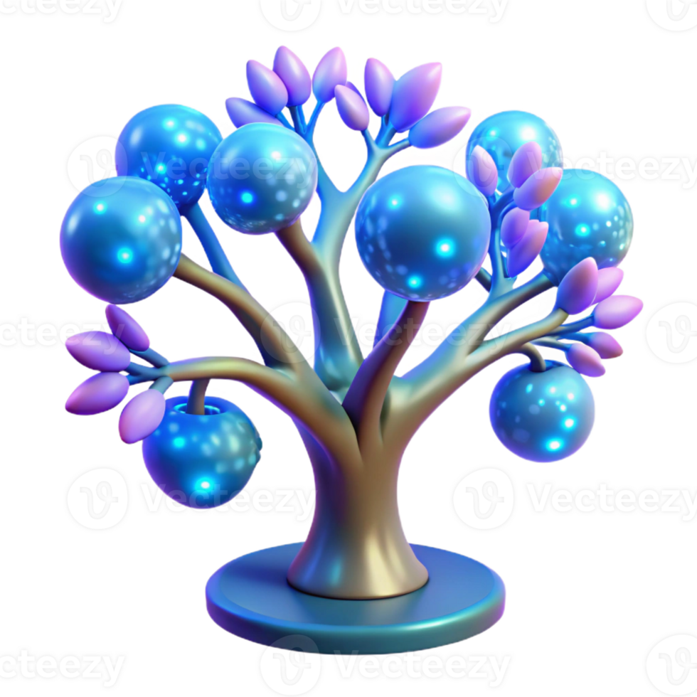 serene creative A bioluminescent tree with glowing branches and pulsating leaves, surrounded by strange, glowing flora, illuminated by a soft blue light in a surreal style high resolution png