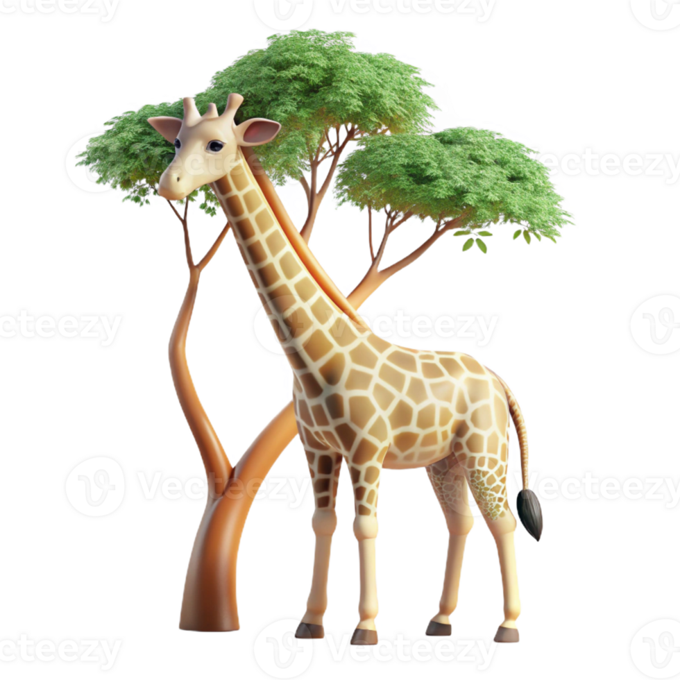 vibrant rustic A graceful giraffe reaching for leaves on a tall tree, depicted in a realistic style with warm, natural lighting and long shadows premium png