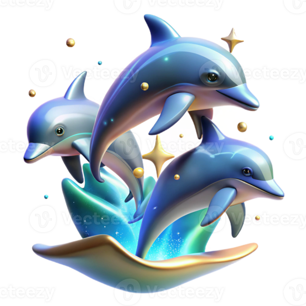 vibrant modern A group of playful dolphins leaping out of the ocean, lit by sparkling sunlight, in a vibrant, dynamic style professional png