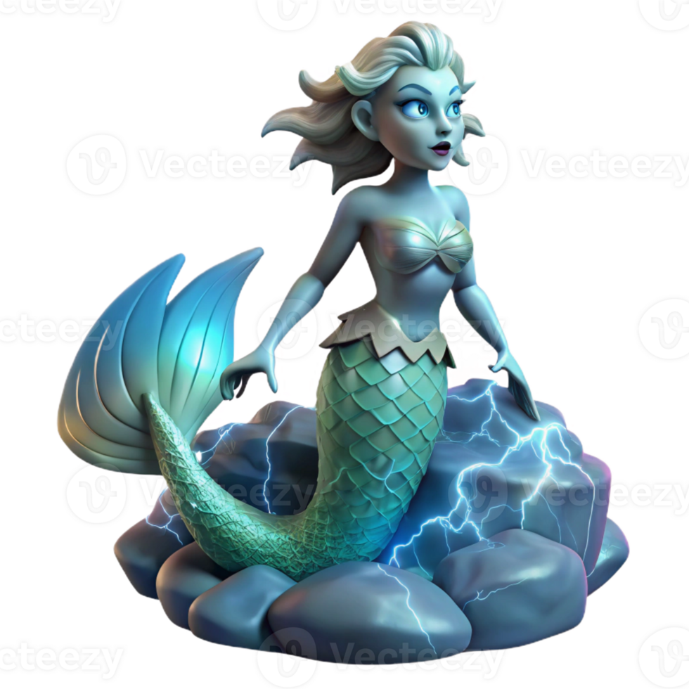beautiful classic An elegant siren with shimmering scales and hypnotic eyes, perched on a jagged rock amidst a stormy sea, lit by dramatic lightning, in a Romantic painting style exclusive png