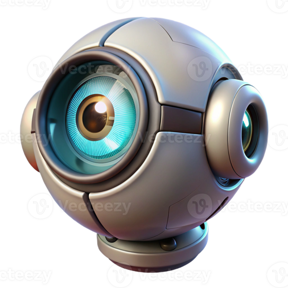 vibrant minimalist A robotic eye gazing intently at the viewer, illuminated by a single light source, in a mysterious, sci-fi style high resolution png