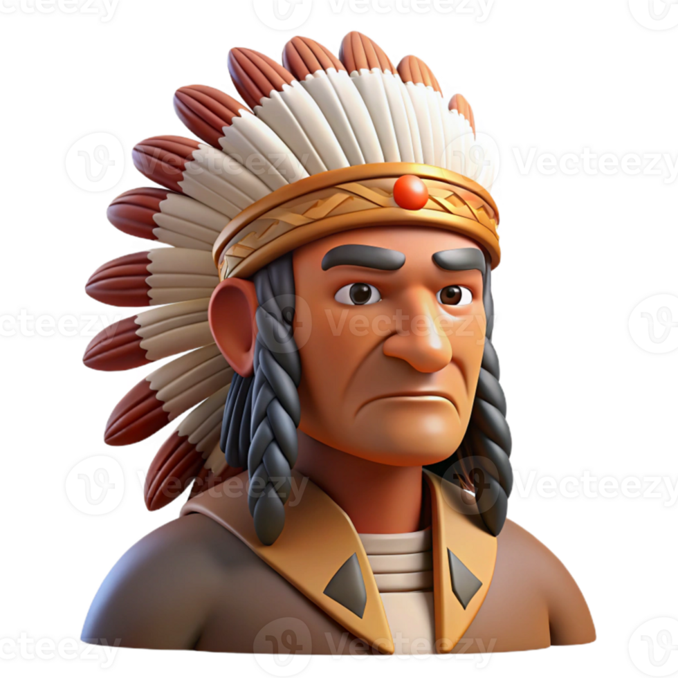 wonderful creative Portrait of a proud Native American chief with feathered headdress and a stoic expression, illuminated by warm sunlight, in a realistic style genuine png
