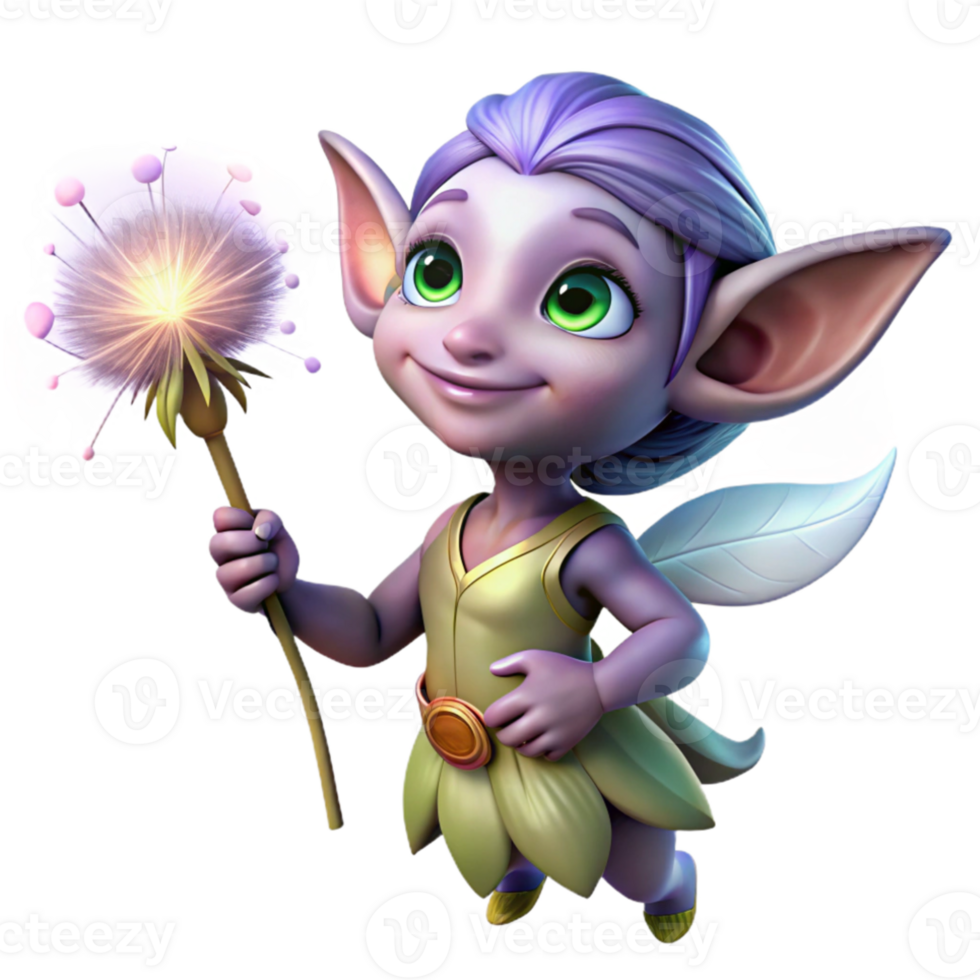 impressive rustic A mischievous pixie with glowing lavender eyes, holding a dandelion seedhead, lit by fireflies in a twilight forest. Digital painting style genuine png