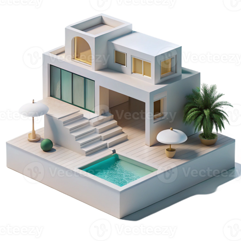 stunning rustic Modernist villa, white concrete, geometric forms, poolside view, minimalist aesthetic professional png
