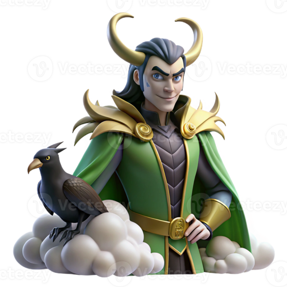 stunning modern A cunning Loki shapeshifting into a raven, surrounded by swirling mists and shadows, in a Norse mythology inspired style professional png