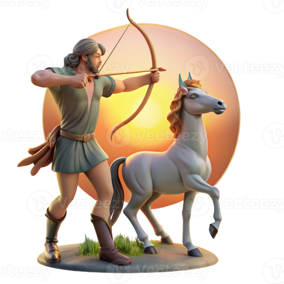 impressive rustic A wise centaur teaching archery to a young nymph, bathed in the warm light of a setting sun, in a classical, Renaissance style professional png