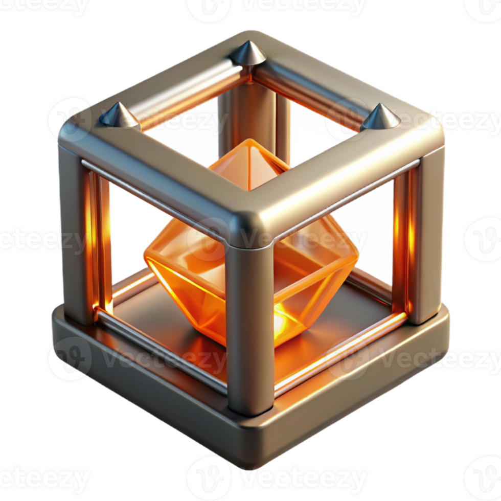 wonderful minimalist A 3D printer creating a complex, geometric shape out of liquid metal, illuminated by the bright, orange light of the printing process. Photorealistic style high resolution png