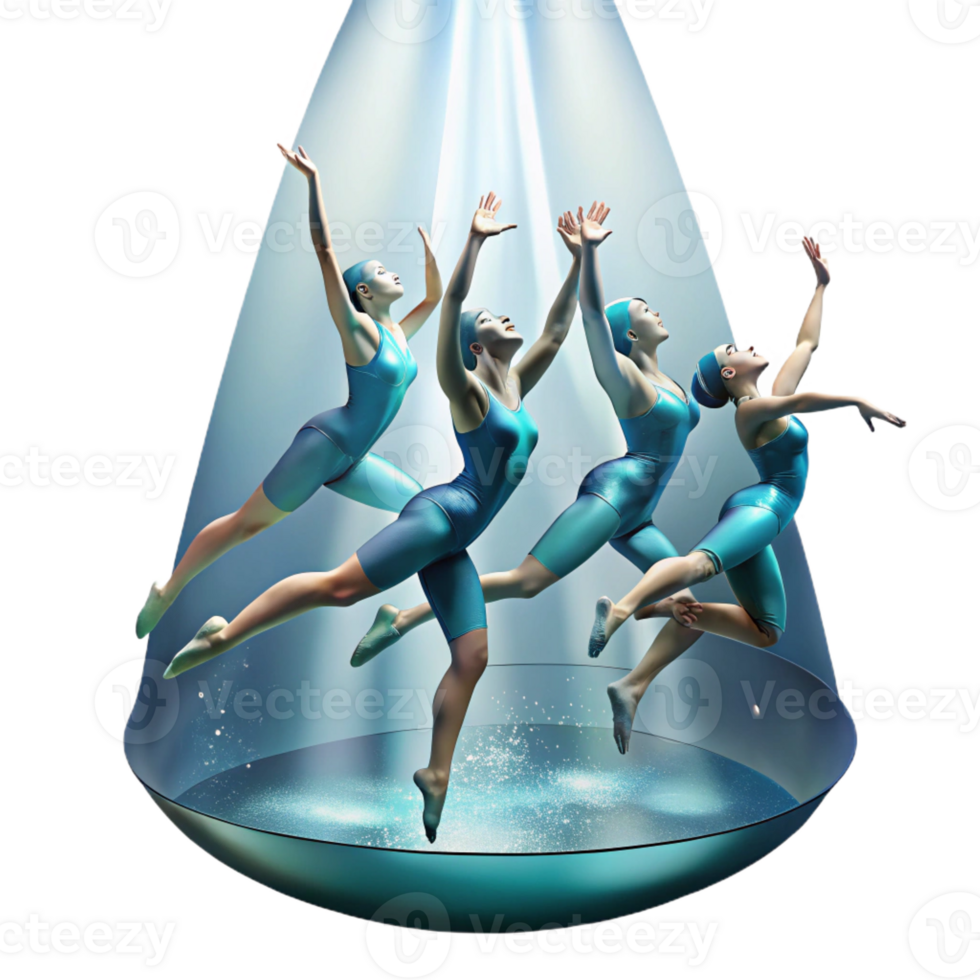 magnificent artistic A group of synchronized swimmers performing an underwater ballet, dramatic spotlighting, graceful, performance art photography style, 4K png