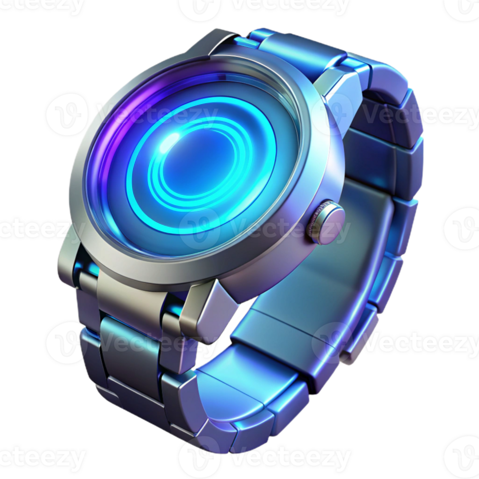 wonderful traditional A futuristic watch displaying holographic information, sleek design, metallic texture, blue lighting high resolution png