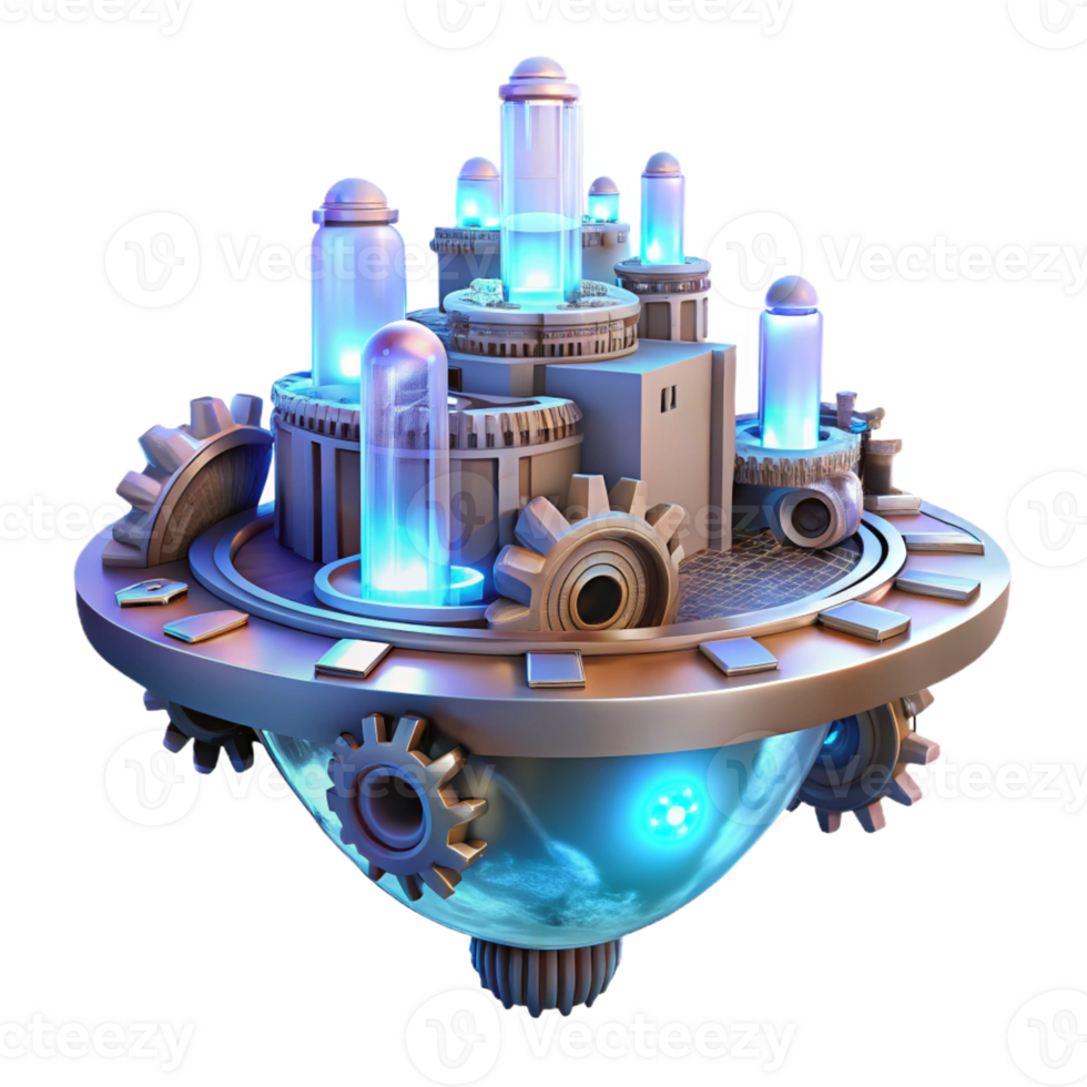 stunning minimalist A floating city made of interconnected gears and cogs, illuminated by flickering neon lights. Steampunk style exclusive png