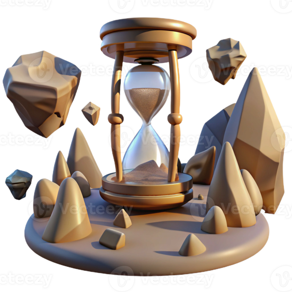 elegant rustic A desert landscape with floating rocks and a giant, cracked hourglass. Surrealism style high resolution png