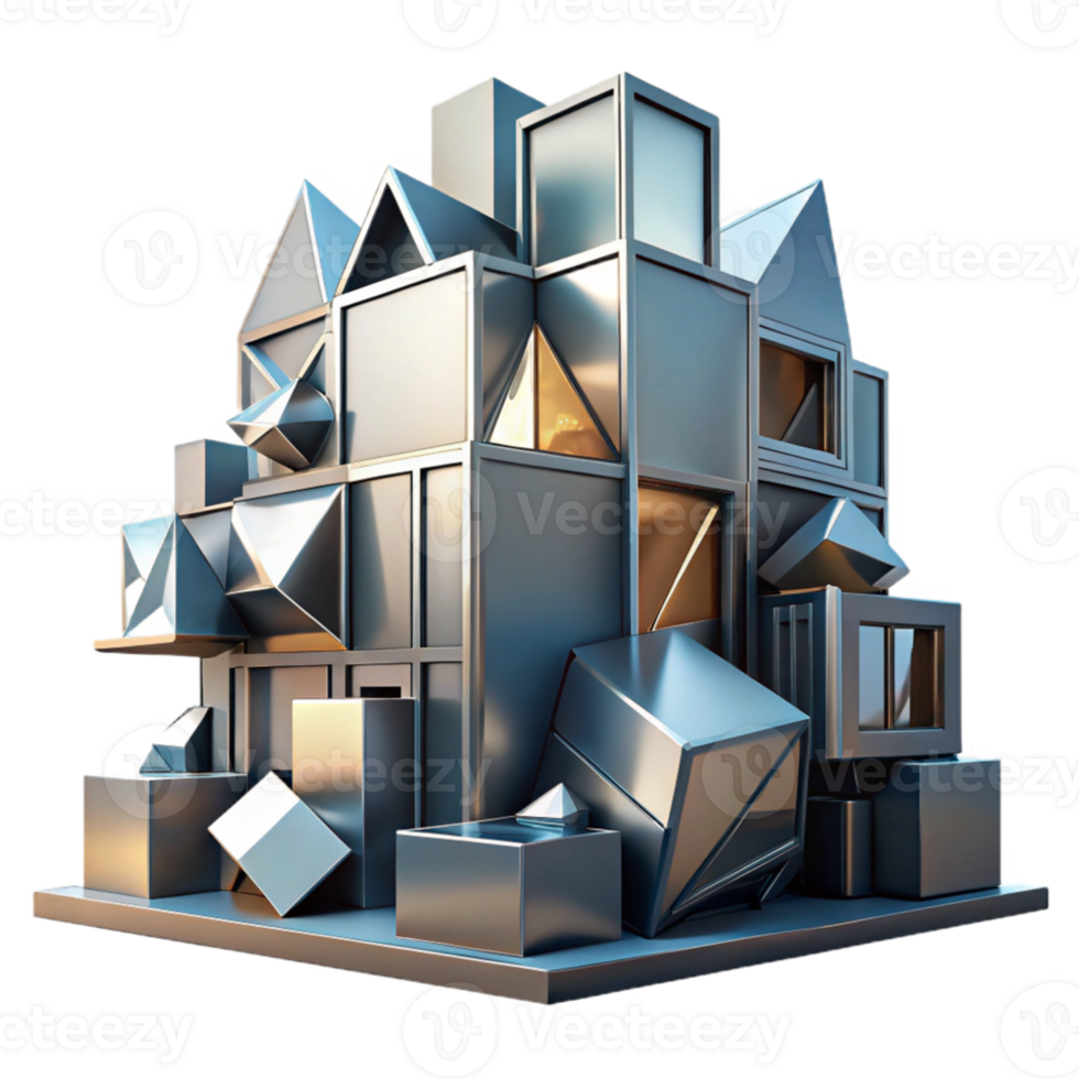 vibrant rustic Deconstructivist building with fragmented shapes, metallic surfaces, dynamic lighting, abstract art style 4K png