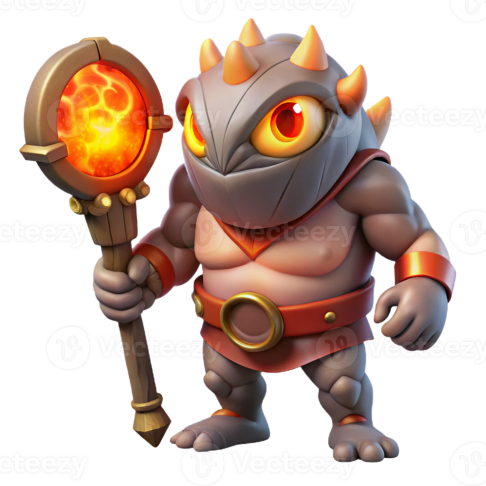 serene abstract A fearsome Cyclops with a single fiery eye, holding a giant club, lit by the glow of a volcano, in a brutal, fantasy art style detailed png