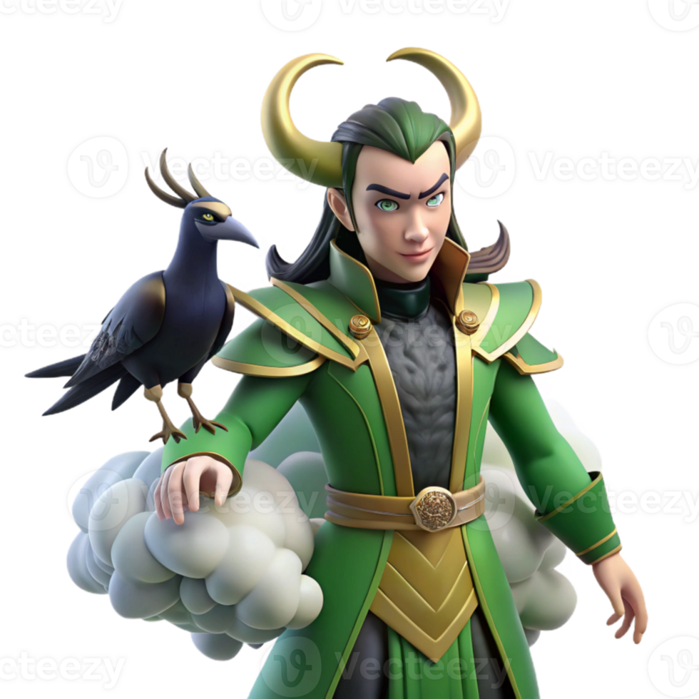serene minimalist A cunning Loki shapeshifting into a raven, surrounded by swirling mists and shadows, in a Norse mythology inspired style high quality png