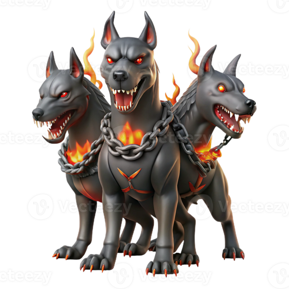 vibrant artistic Cerberus, the three-headed hound of Hades, with glowing red eyes, chains of blackened iron, surrounded by swirling Stygian smoke, dark fantasy painting high resolution png