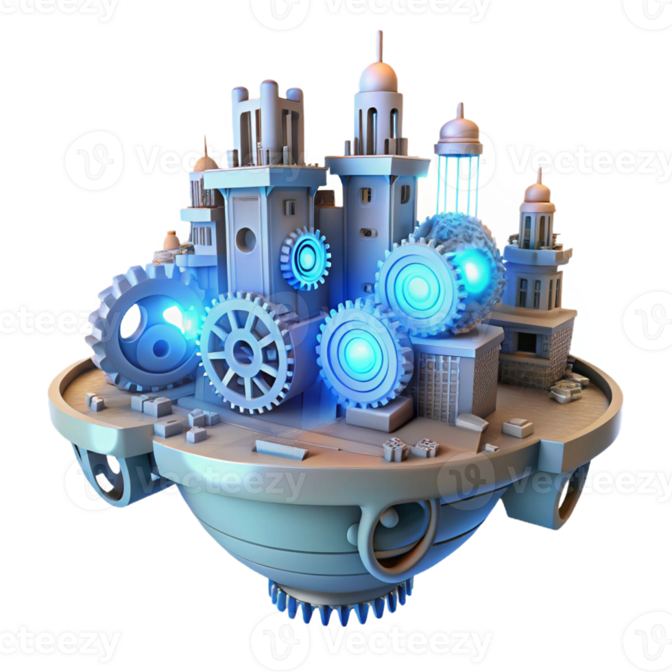 elegant modern A floating city made of interconnected gears and cogs, illuminated by flickering neon lights. Steampunk style high quality png