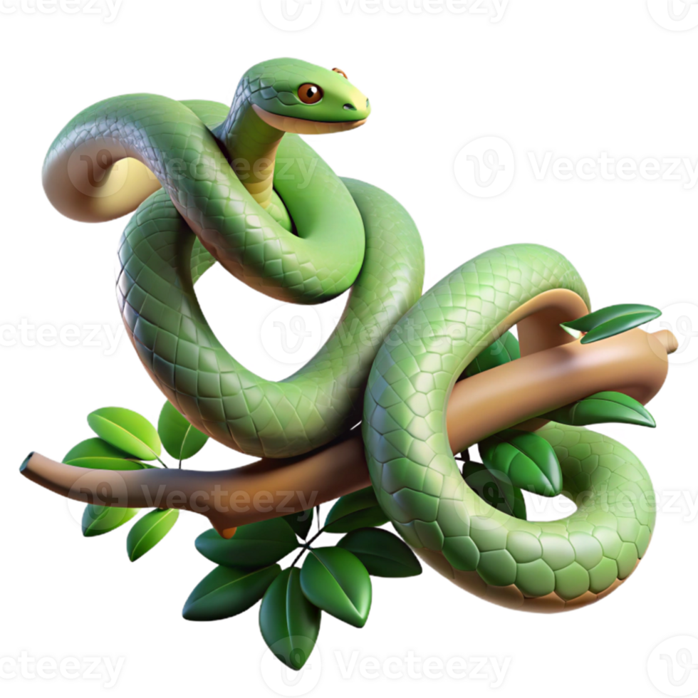wonderful modern A slithering snake coiled around a branch, rainforest setting, dappled sunlight, hyperrealistic style premium png