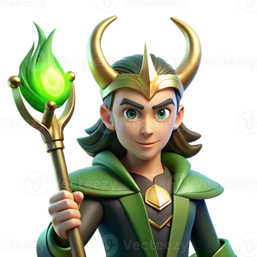 serene classic A cunning Loki with a mischievous glint in his eyes, holding a magical staff, lit by green fire, in a stylized, comic book style authentic png