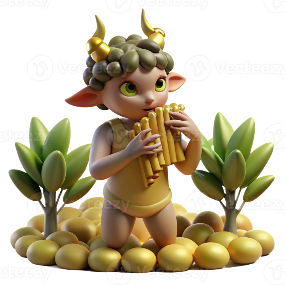 wonderful vintage A mischievous satyr, playing a pan flute amidst a grove of olive trees, bathed in warm, golden sunlight. Impressionistic lighting. Rococo style 4K png
