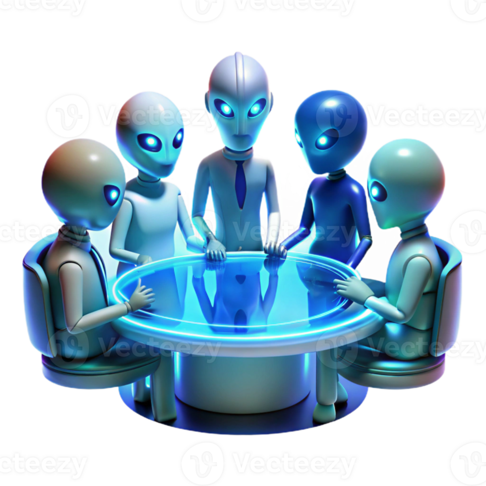 extraordinary modern A group of alien diplomats gathered around a holographic table, cool blue light, formal, futuristic style exclusive png