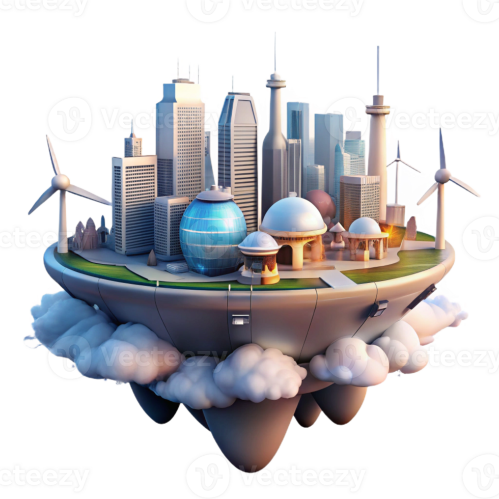 stunning vintage A futuristic city floating amongst clouds, powered by wind turbines and solar panels, lit by the warm glow of the morning sun. Science fiction style original png