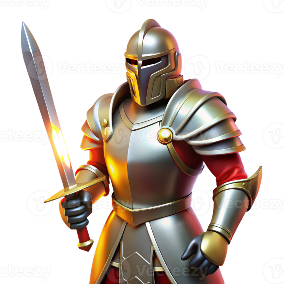 impressive vintage A stoic knight in shining armor, wielding a gleaming sword, dramatic lighting from above. Chiaroscuro style genuine png