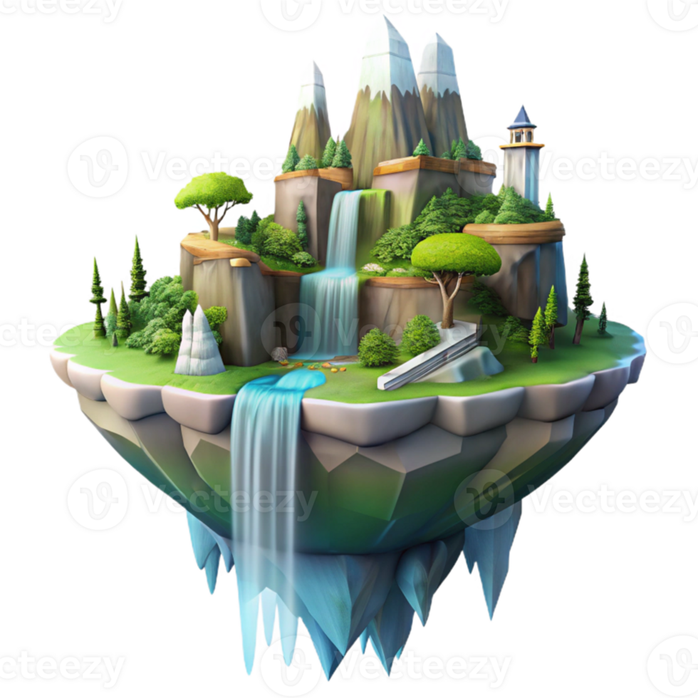 stunning vintage Floating island city, waterfalls cascading down the sides, lush greenery, soft sunlight, fantasy art high quality png