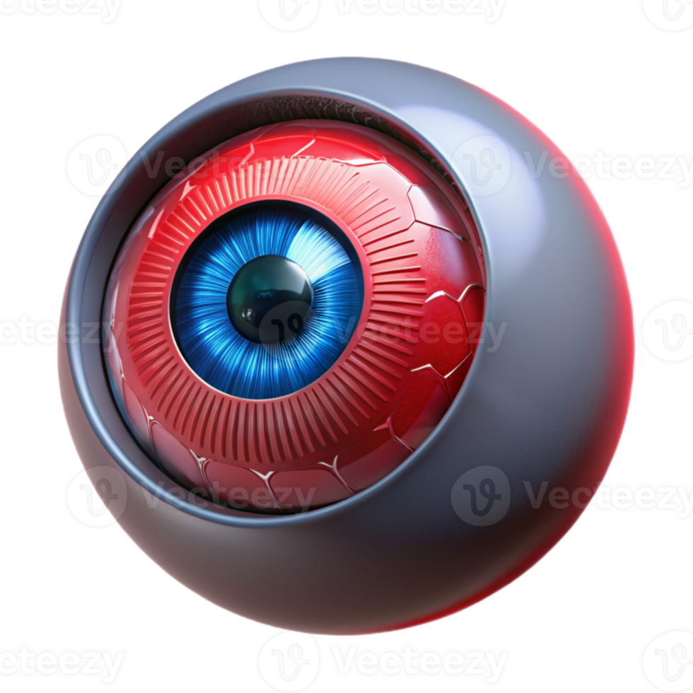 vibrant vintage A close-up of a cybernetic eye, intricate details visible, glowing red iris, realistic style professional png