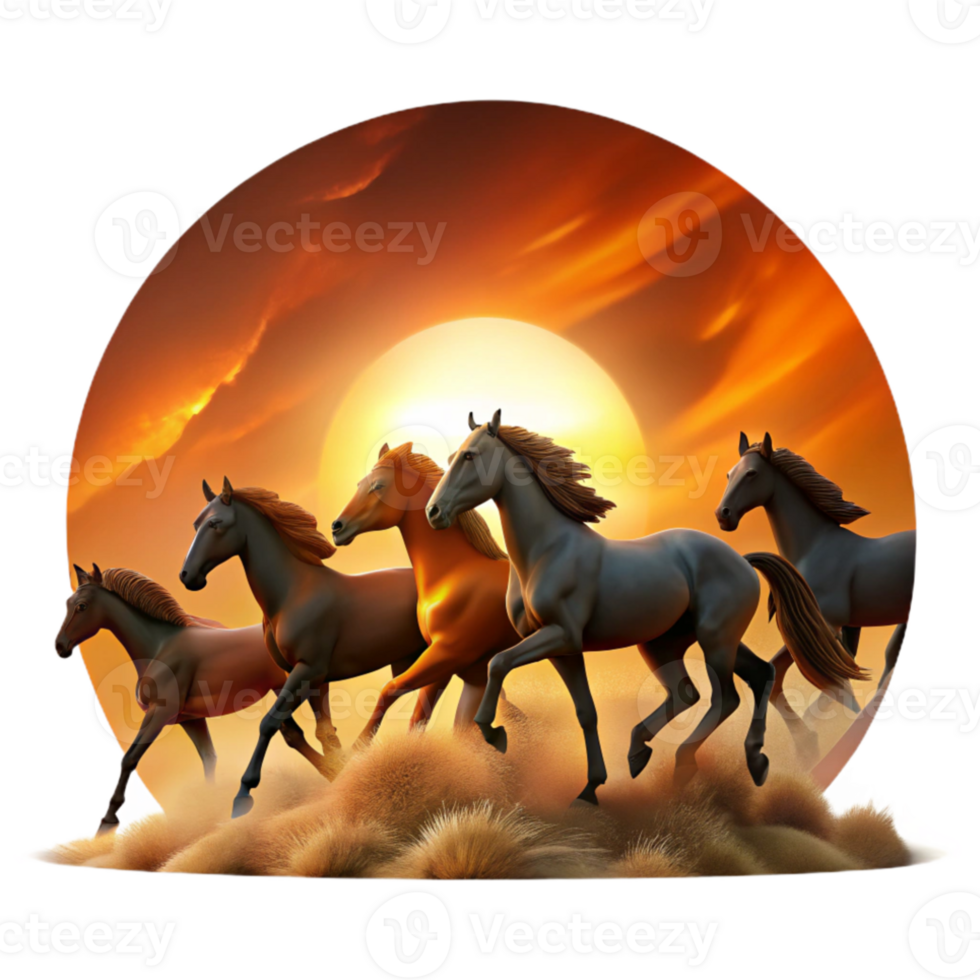 stunning modern A herd of wild mustangs galloping across a vast, open plain, silhouetted against a fiery sunset, in a dynamic, western art style professional png