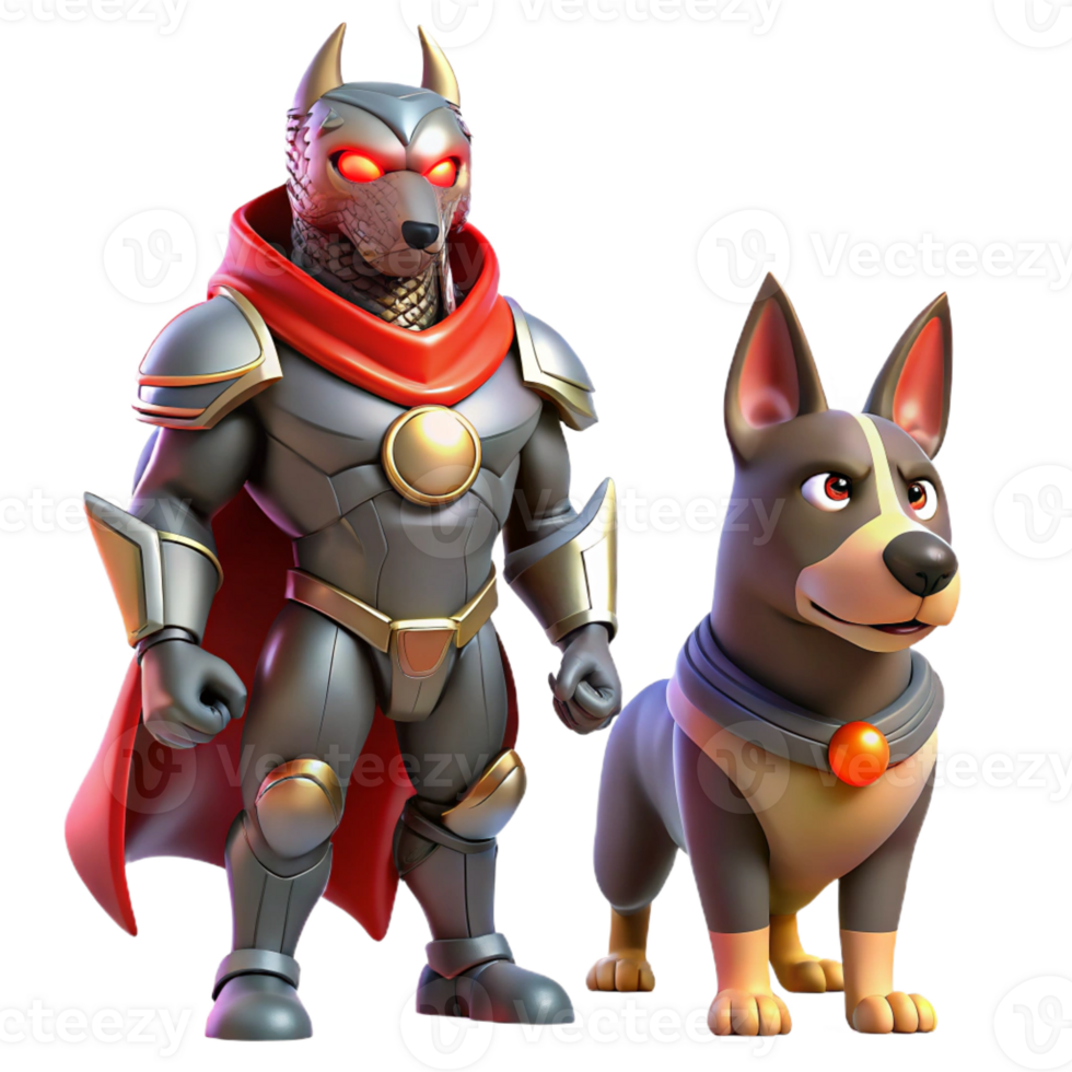 dramatic artistic A courageous, canine superhero with armored fur, glowing ruby eyes, confronting a shadowy figure, dramatic backlighting, comic book style authentic png
