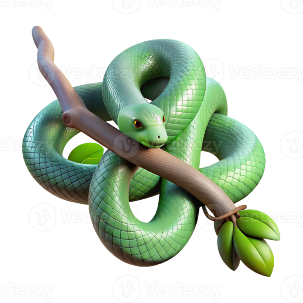 serene vintage A slithering snake coiled around a branch, rainforest setting, dappled sunlight, hyperrealistic style professional png