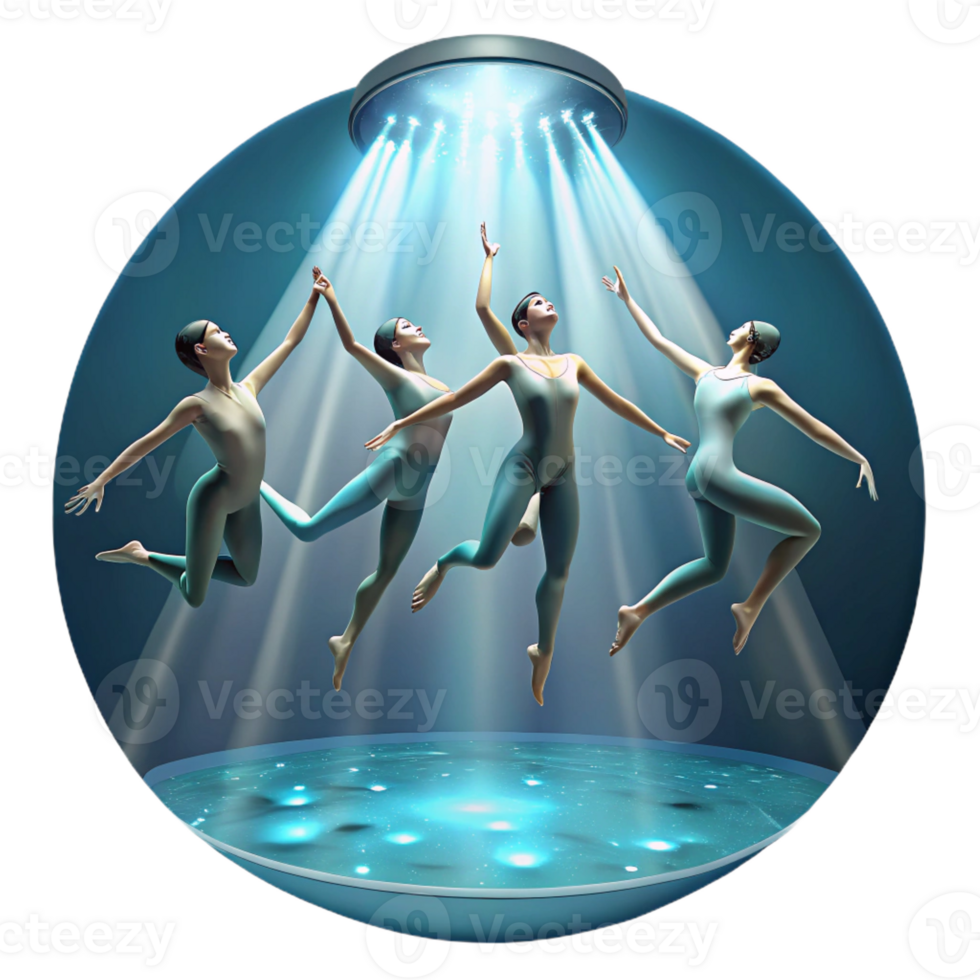impressive minimalist A group of synchronized swimmers performing an underwater ballet, dramatic spotlighting, graceful, performance art photography style, high resolution png
